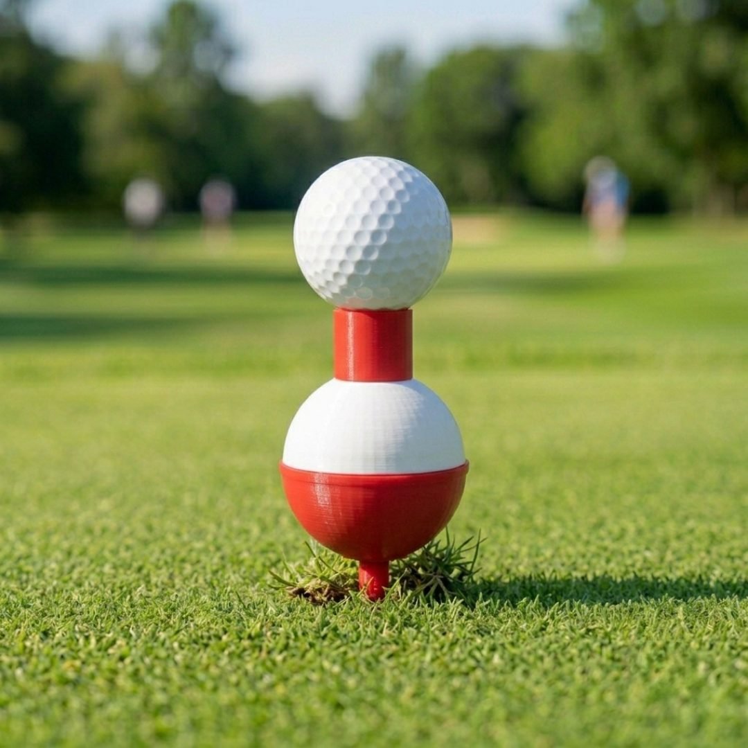 Red and white bobber golf tee with a golf ball on a short green fairway