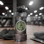 Hurry Up and Wait sticker on a clear gym water bottle on a wooden floor beside sneakers