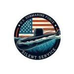 Round Silent Service submarine sticker with the flag and submarine on a plain white background