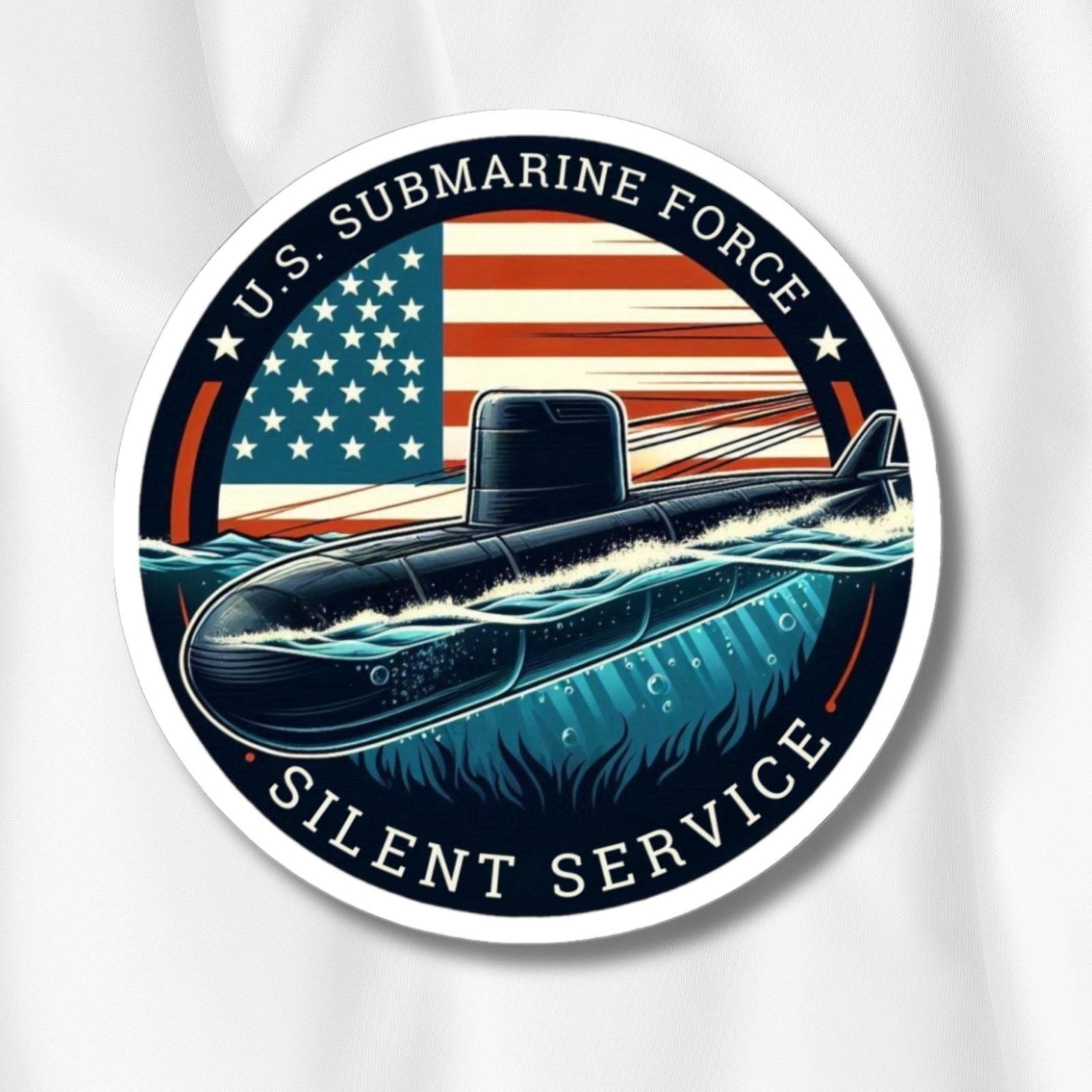Round U.S. Submarine Force Silent Service sticker with a submarine surfacing in front of an American flag