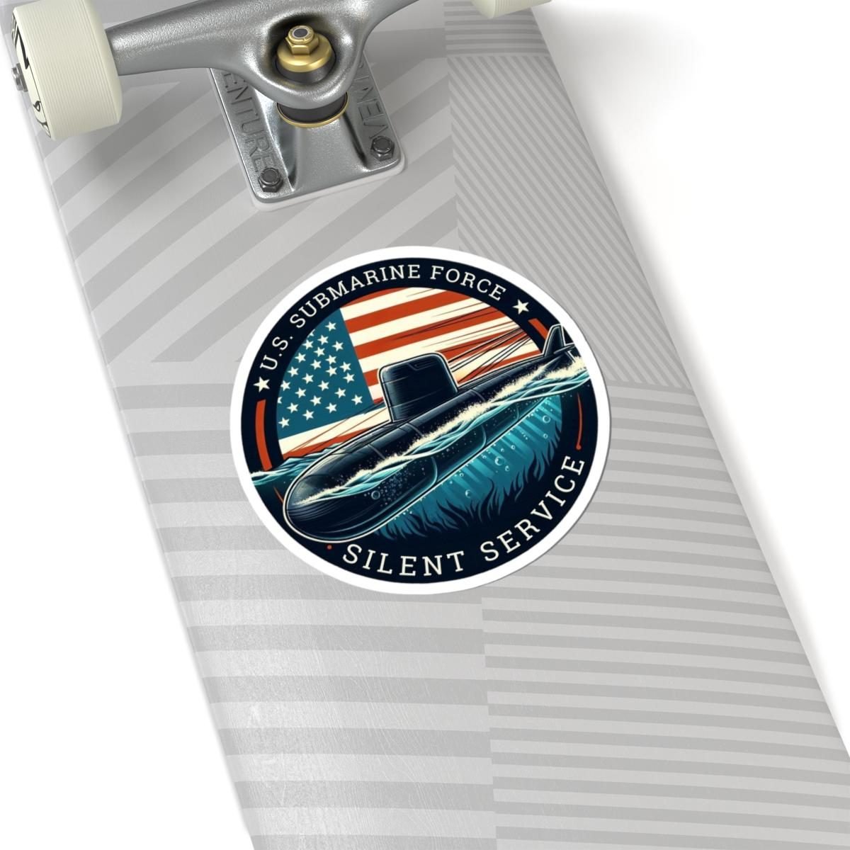 Silent Service submarine sticker on a skateboard deck