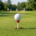 Golf ball resting on a red plunger-cup tee on a short green fairway
