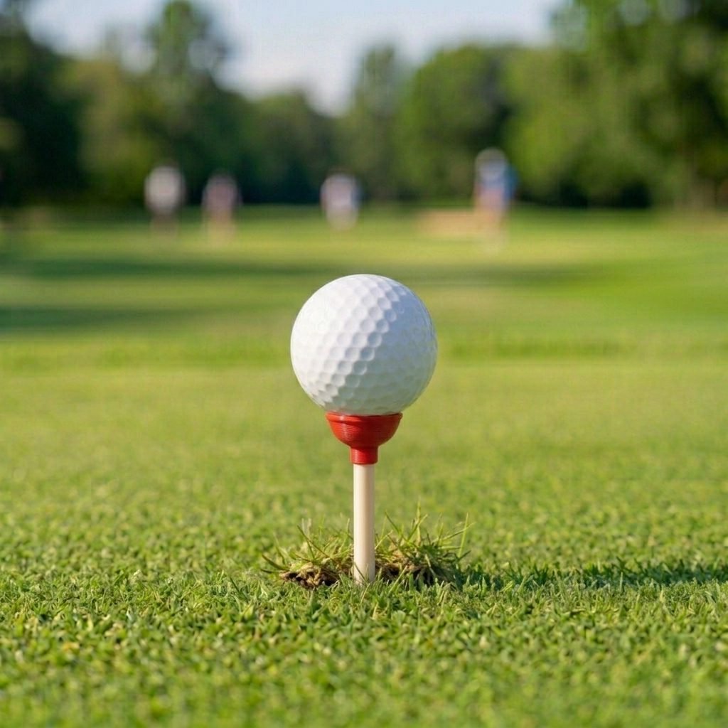Golf ball resting on a red plunger-cup tee on a short green fairway