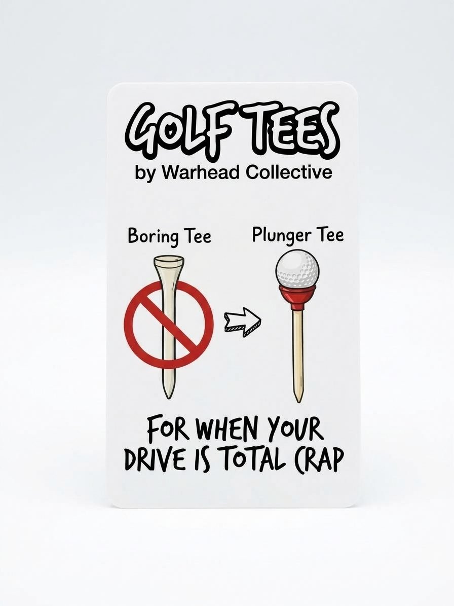 Card reading Golf Tees by Warhead Collective, Boring Tee versus Plunger Tee, For when your drive is total crap, on white
