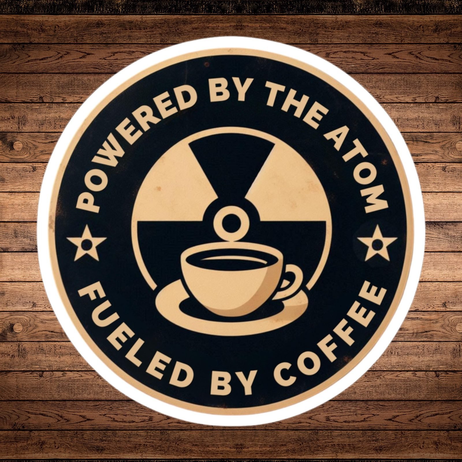 Round Powered by the Atom, Fueled by Coffee sticker with a radiation symbol and a coffee cup, on a wood background