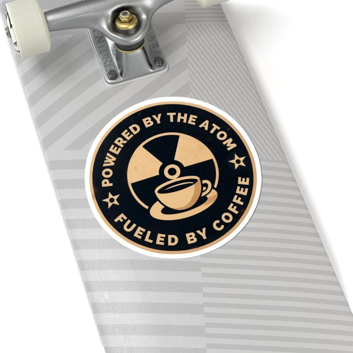 Powered by the Atom sticker on the grip-tape side of a skateboard deck