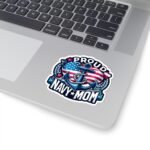 Proud Navy Mom sticker on the corner of a silver laptop