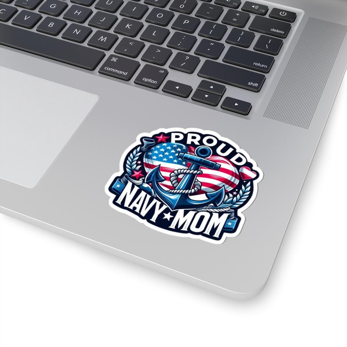 Proud Navy Mom sticker on the corner of a silver laptop