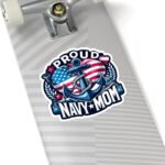 Proud Navy Mom sticker on the grip-tape side of a skateboard deck