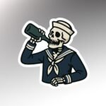 Skeleton sailor in a white Dixie cup hat and dark uniform tipping back a green bottle, die-cut sticker with white border