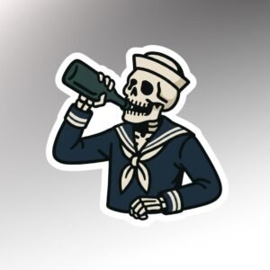 Skeleton sailor in a white Dixie cup hat and dark uniform tipping back a green bottle, die-cut sticker with white border
