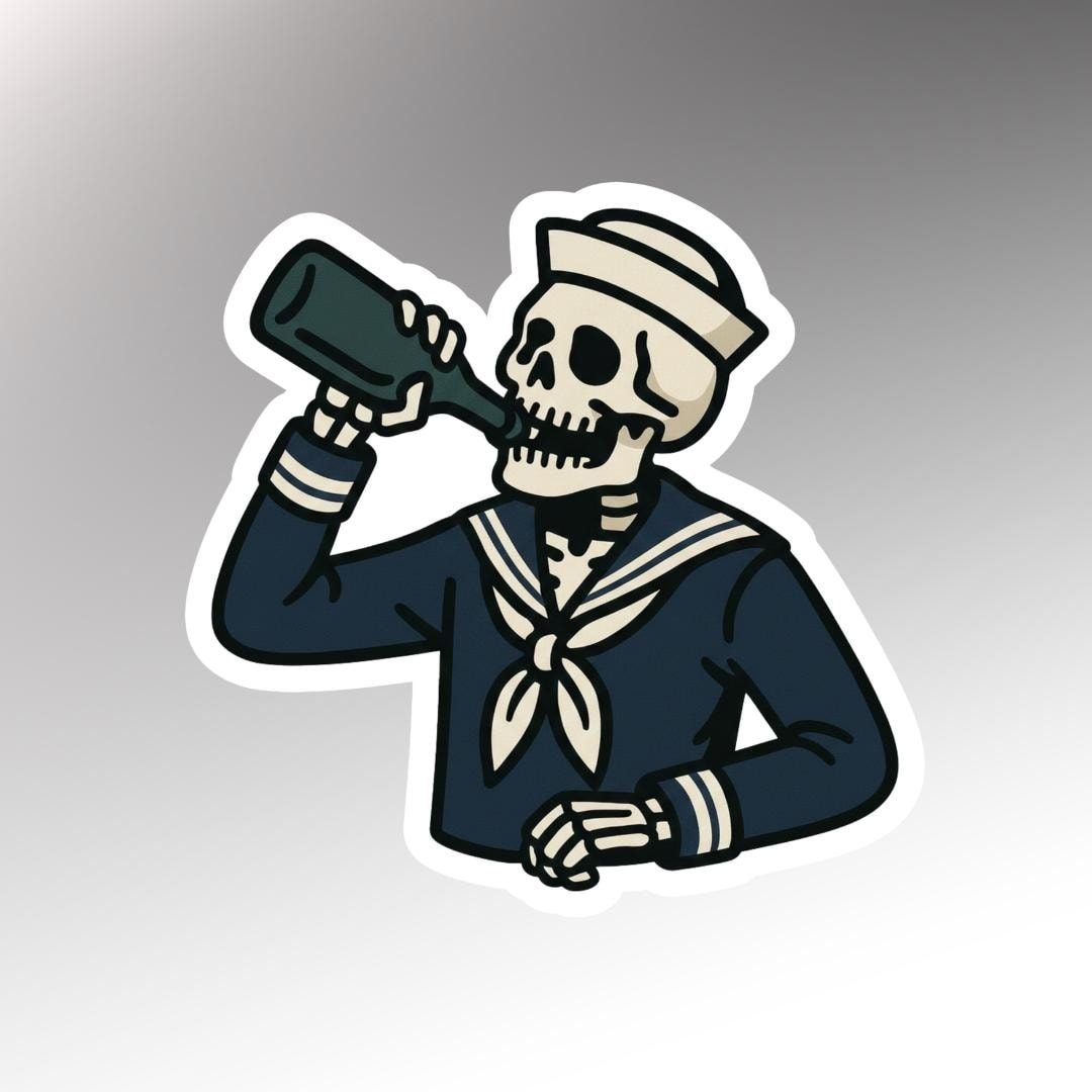 Skeleton sailor in a white Dixie cup hat and dark uniform tipping back a green bottle, die-cut sticker with white border