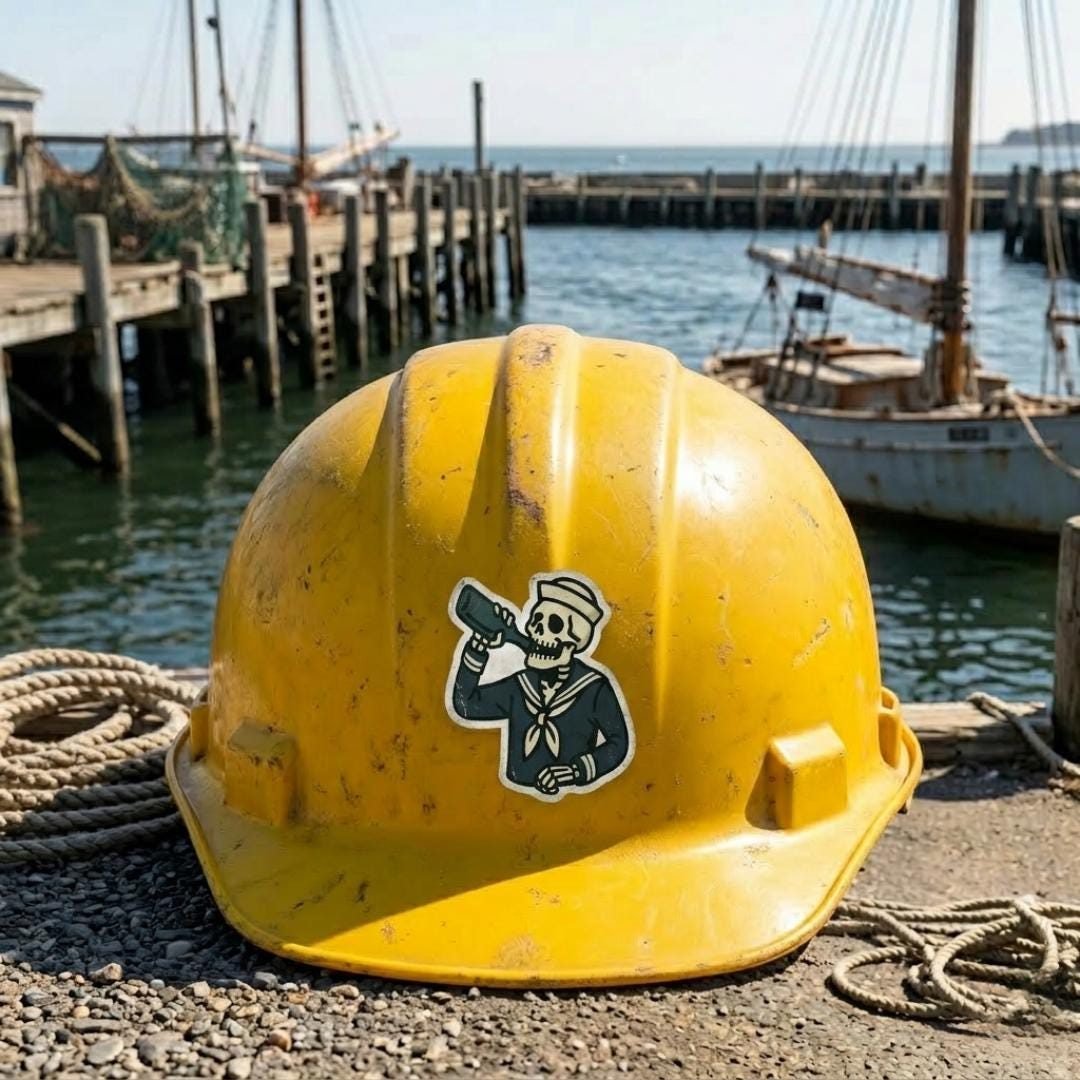 Skeleton sailor sticker on a yellow hard hat sitting on a dock with a sailboat behind it