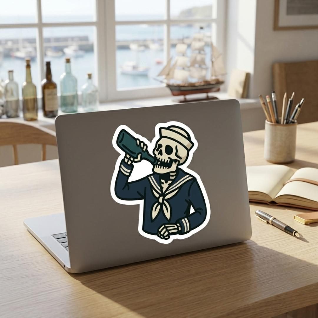 Skeleton sailor sticker on the lid of a silver laptop on a desk near a window
