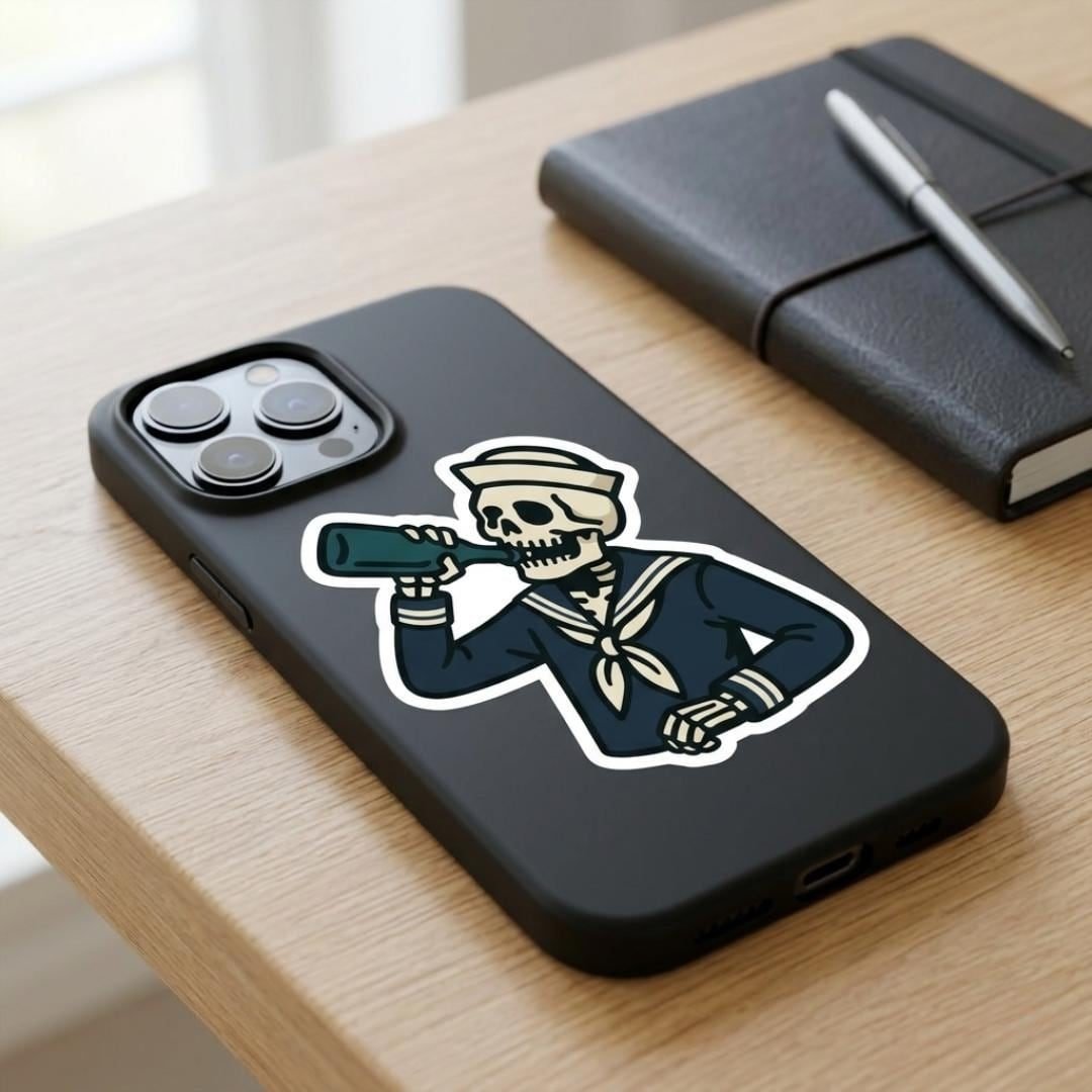Skeleton sailor sticker on the back of a black phone case on a wooden desk
