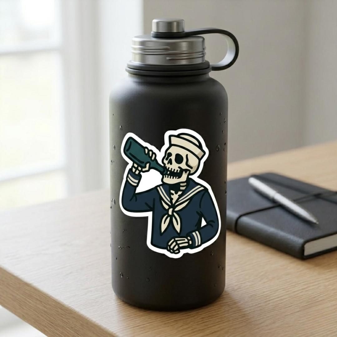 Skeleton sailor sticker on a black stainless water bottle next to a notebook and pen