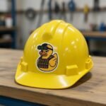 Tactical rubber duck sticker on a yellow hard hat on a workbench