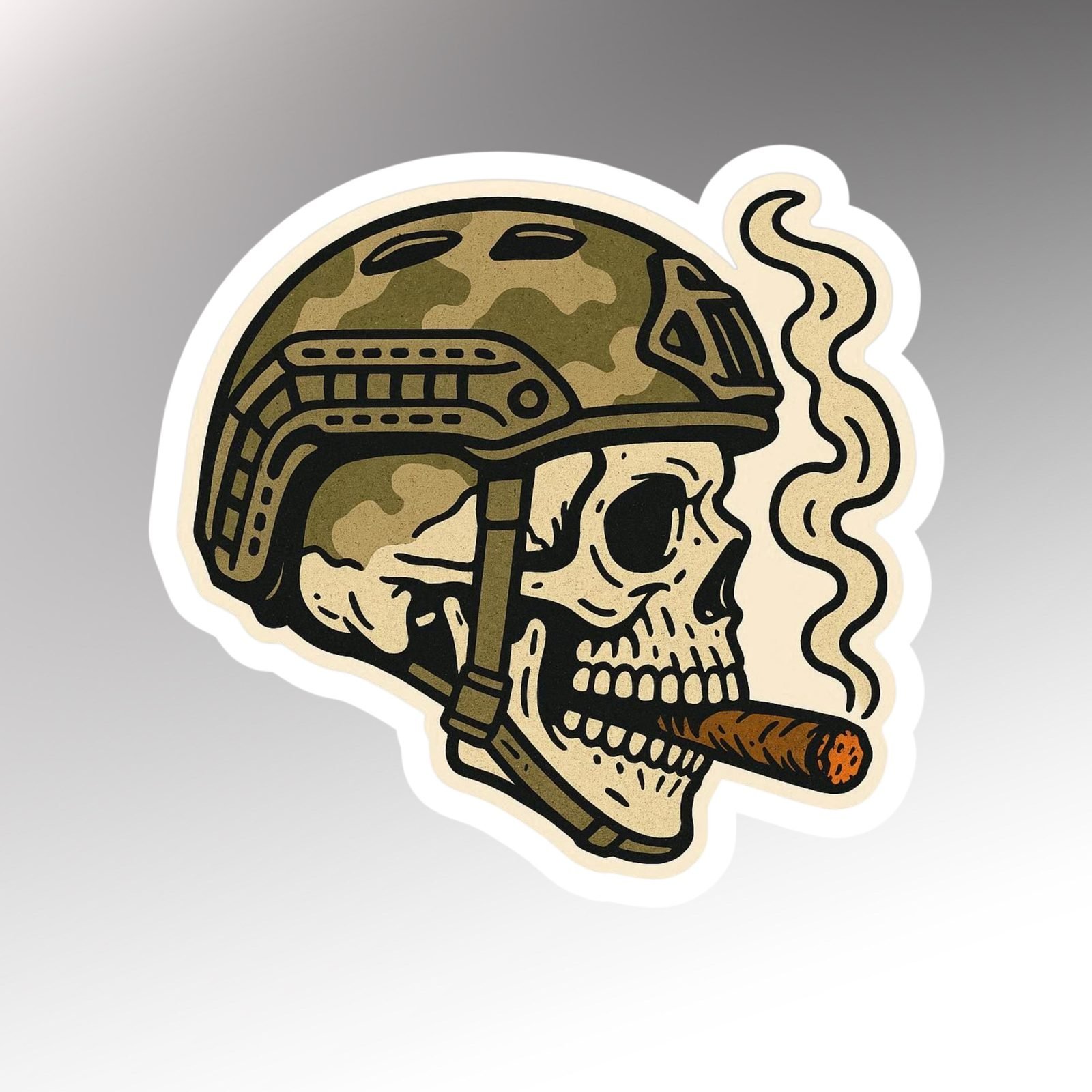 Die-cut sticker of a skull in a camouflage combat helmet with a cigar in its teeth and smoke curling up