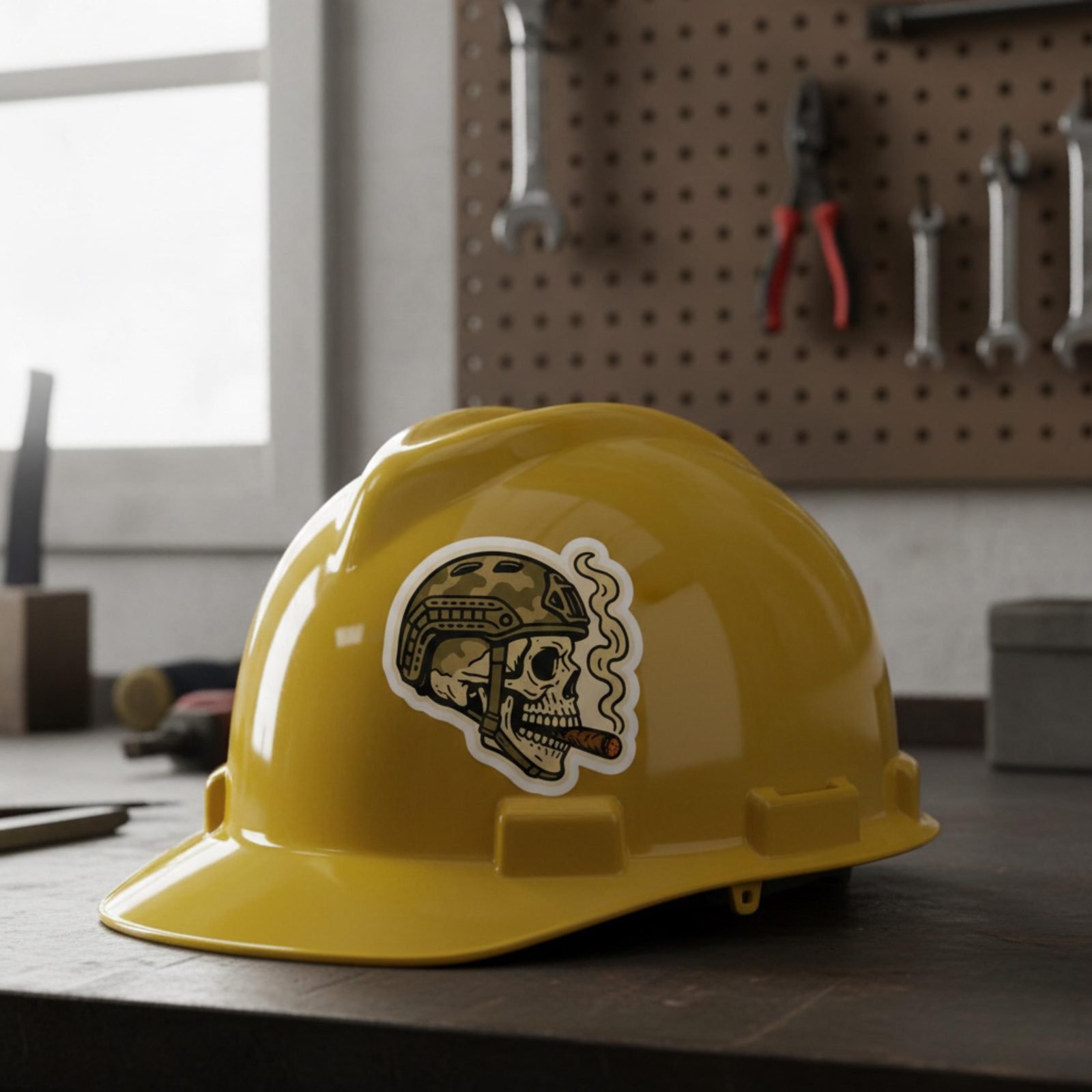 Tactical skull sticker on a yellow hard hat on a workshop bench