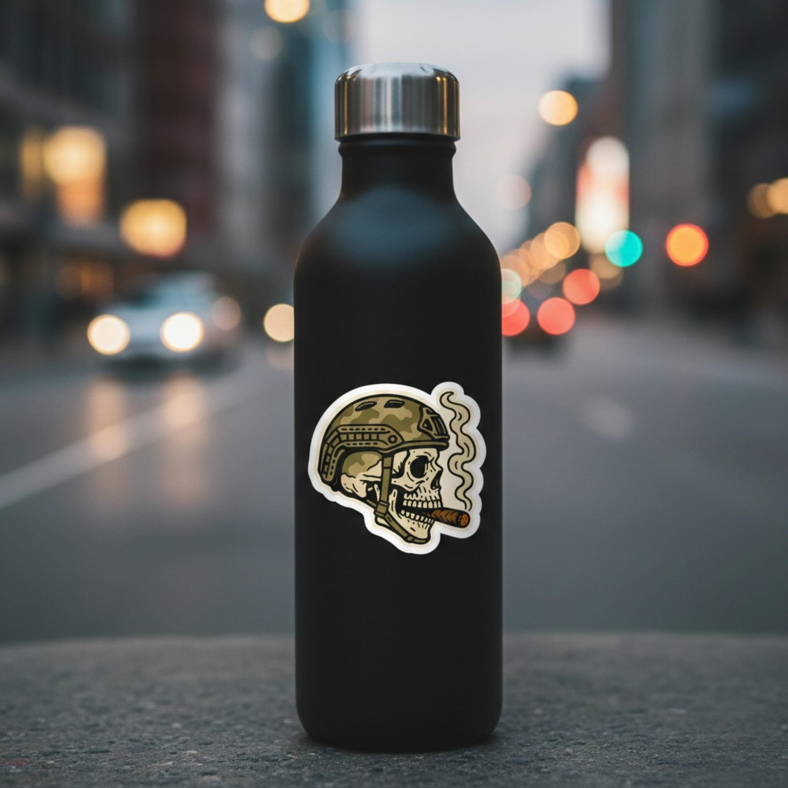 Tactical skull sticker on a black water bottle on a city street at dusk