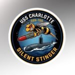 Round USS Charlotte SSN-766 Silent Stinger sticker showing an angry yellow jacket riding a torpedo above a submarine