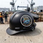 USS Charlotte Silent Stinger sticker on a black hard hat in a shipyard with cranes and a submarine behind